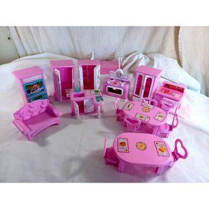 1990's Lil Kidz Pink Dollhouse Size Kitchen Furniture Set Lot Stove Table Chairs
